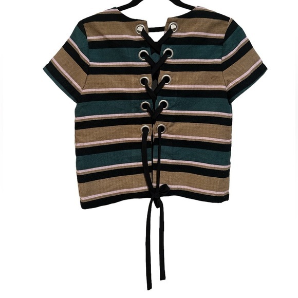 JOA LOS ANGELES BOXY STRIPE COLORBLOCK ROUND NECK SHORT SLEEVE CORSET BACK TOP - Picture 1 of 10